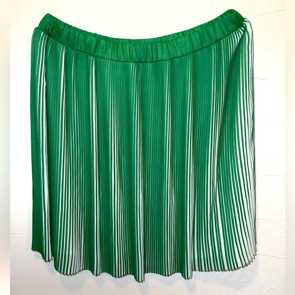 NWT MSSP GREEN WHITE PLEATED CHIFFON LINED SKIRT SZ S